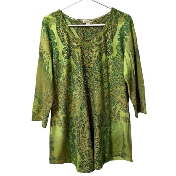 One World Live and Let Live Tunic Top Size 1X Paisley Rhinestones Artsy Chic - Picture 1 of 11